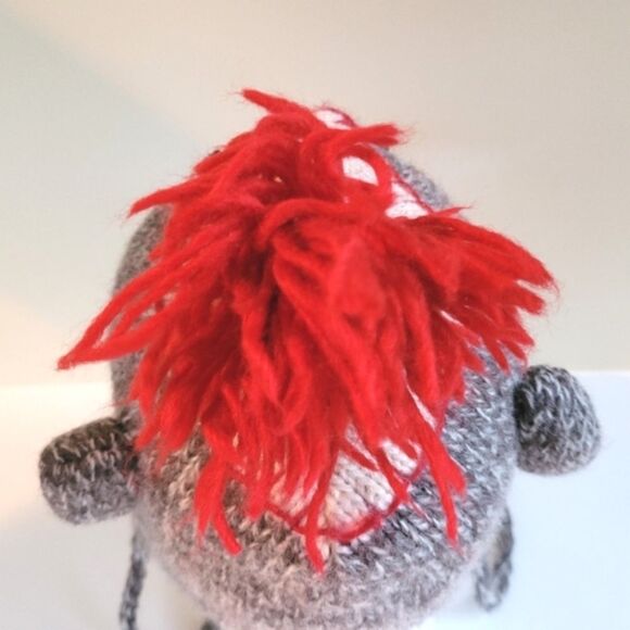 Deluxe Sock Monkey Adult Hand Made Winter Knit Hat Gray Red Cream w Pom Pom - Picture 7 of 8